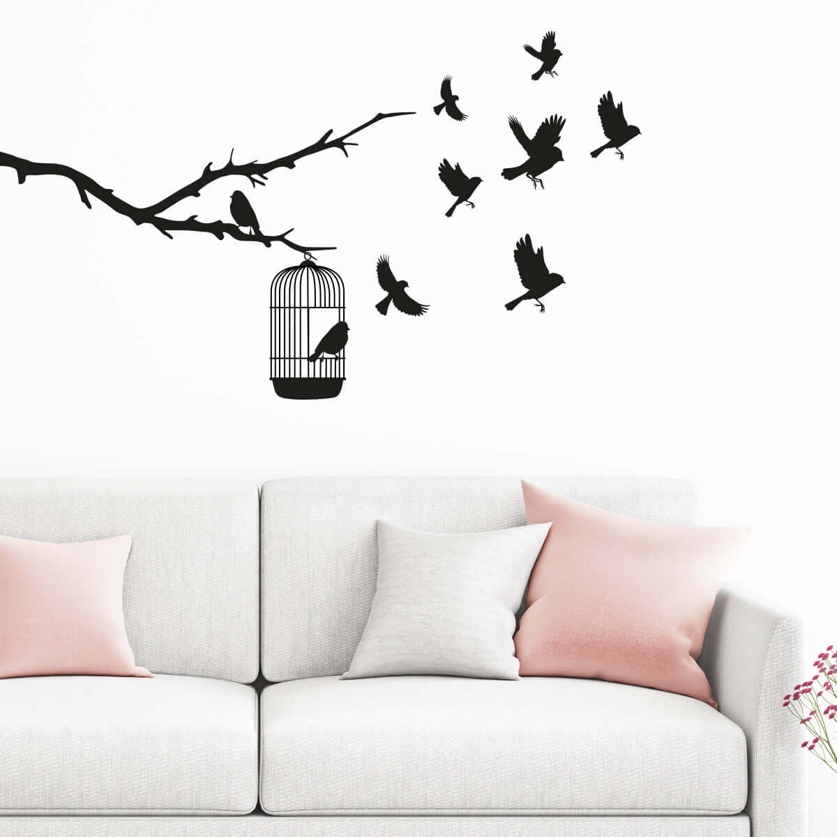 Väggdekor gren med fågelbur & fåglar - Dekortorget