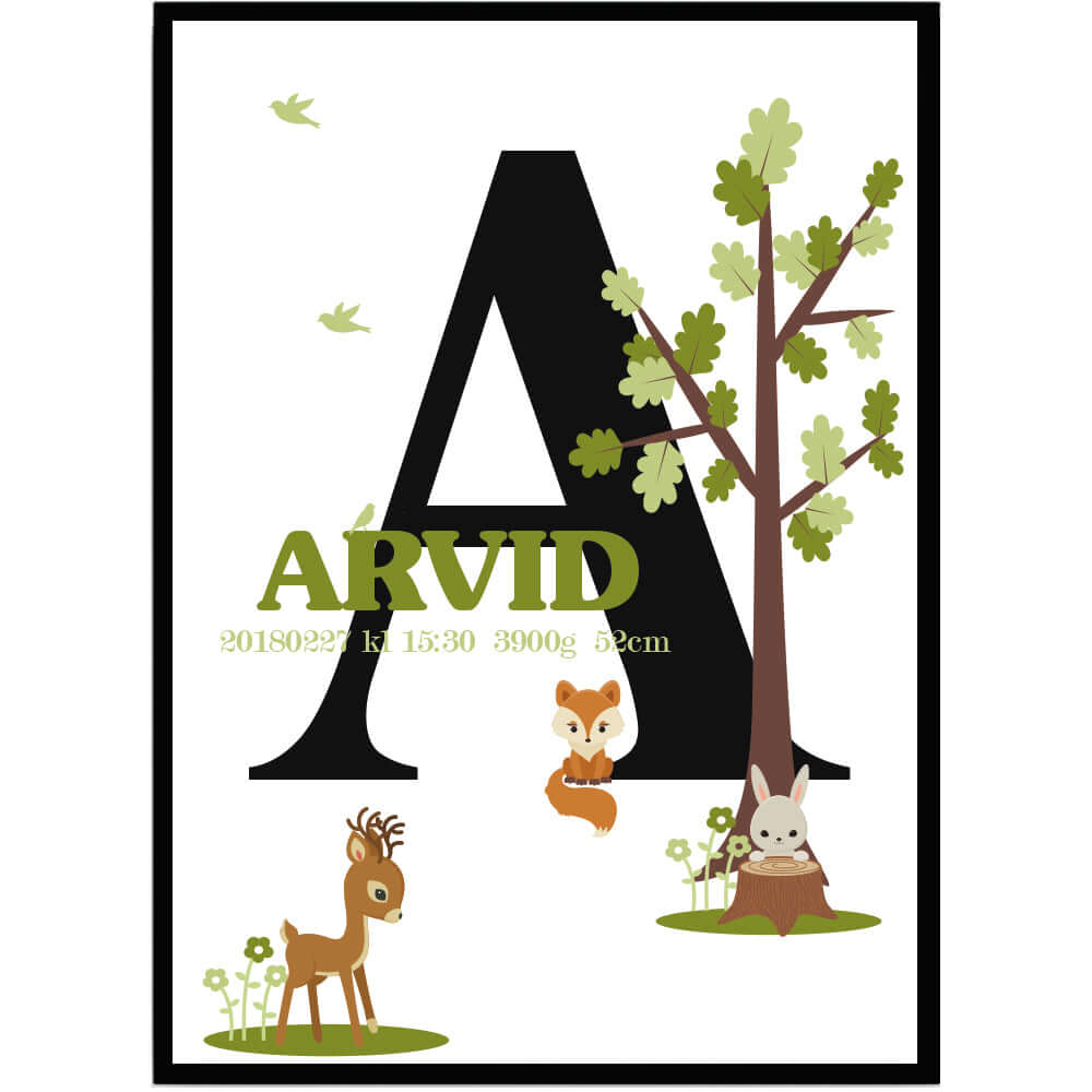 Namntavla Skogens djur grön med bokstav - Dekortorget