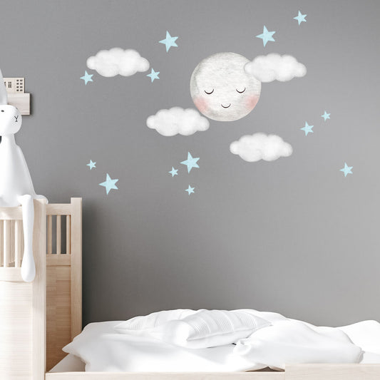 Väggdekor Måne & moln blå - Dekortorget