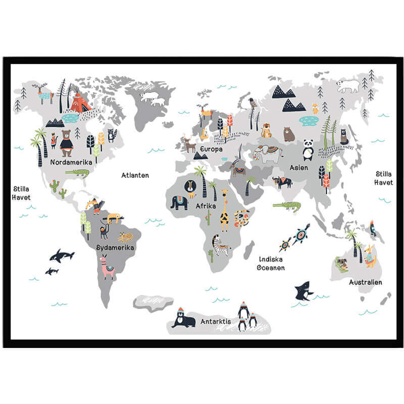 Poster Världskarta med djur - Dekortorget