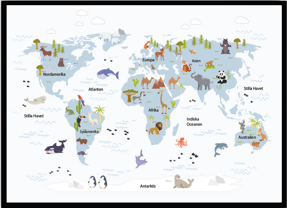 Poster Världskarta med djur blå - Dekortorget