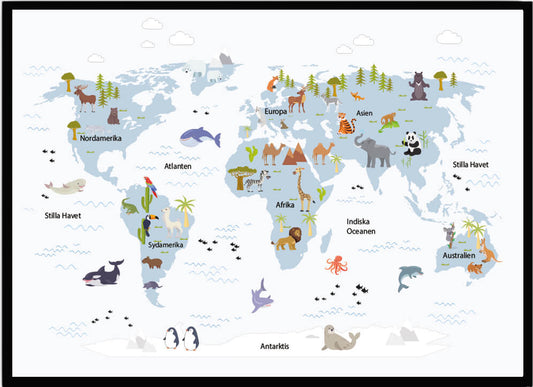 Poster Världskarta med djur blå - Dekortorget