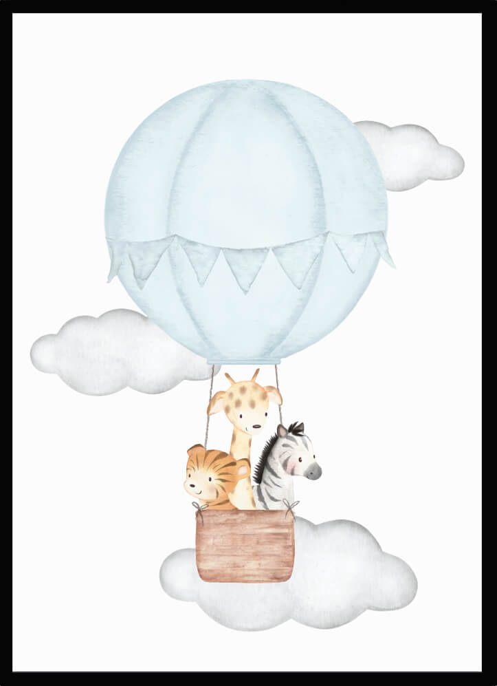 Poster Luftballong med djur blå - Dekortorget