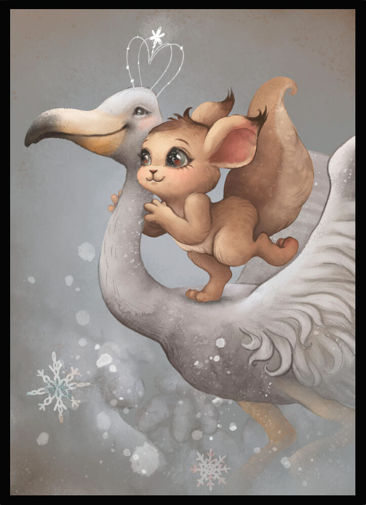 Poster In the sky featuring a cute creature riding a swan among snowflakes.