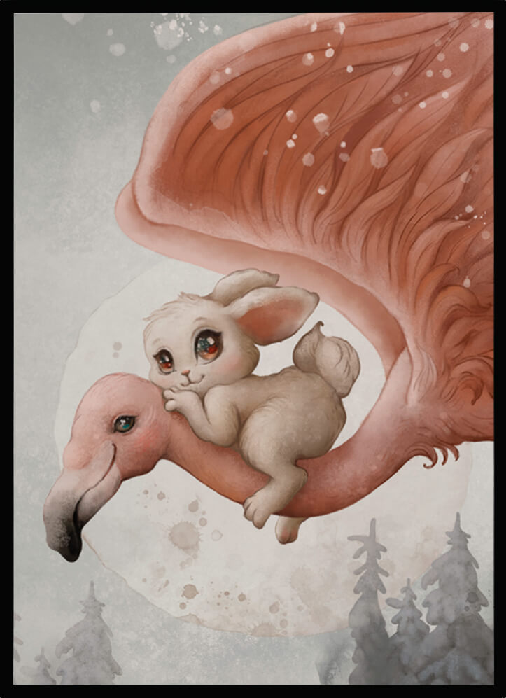 Poster Flying with friends featuring a whimsical bunny riding a pink flamingo in a dreamy landscape.