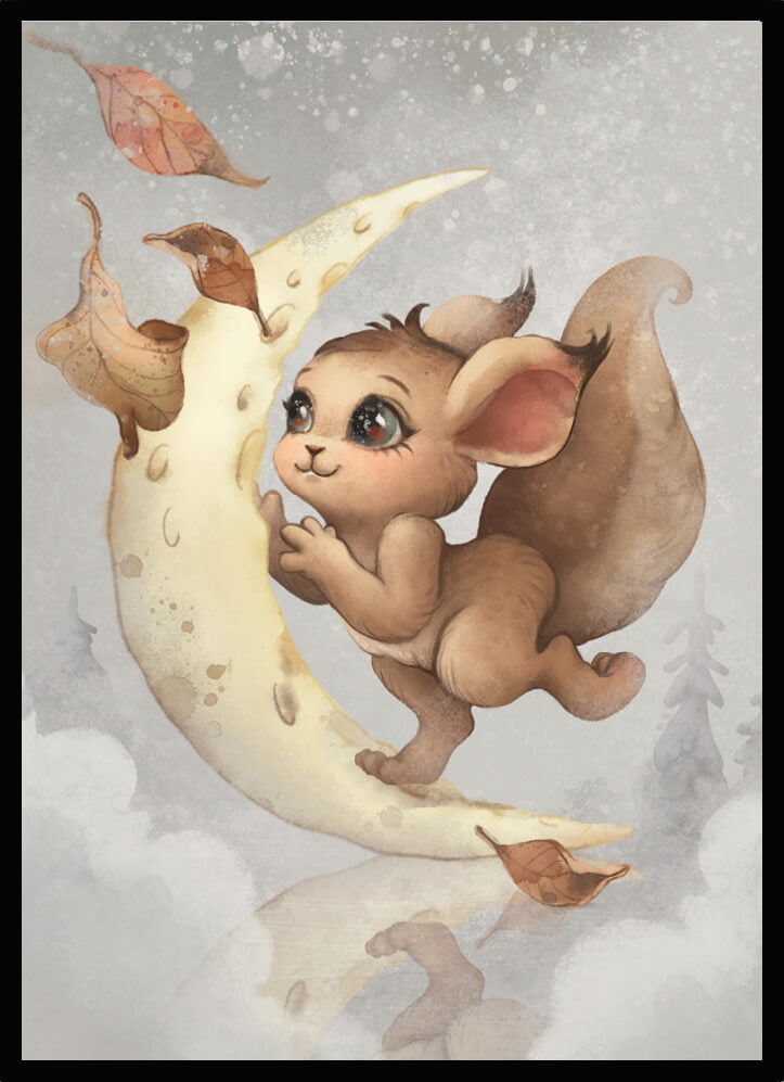 Poster On the moon featuring a cute creature sitting on a moon with clouds and leaves, perfect for children’s room decor.