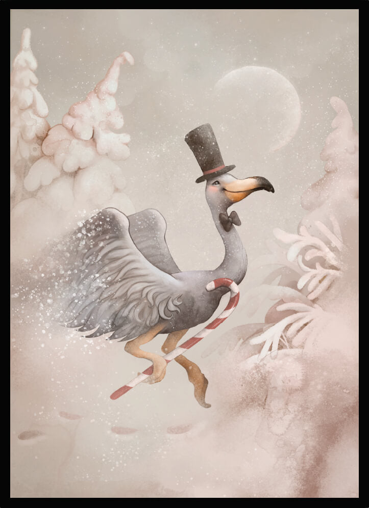 Poster Flying among trees featuring an elegant bird with a top hat dancing among whimsical trees.