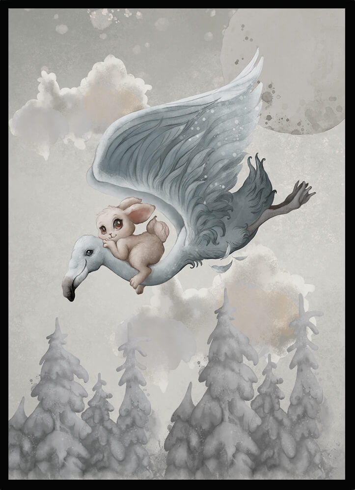 Poster Over the trees featuring a whimsical flying bunny on a bird soaring over trees and clouds.