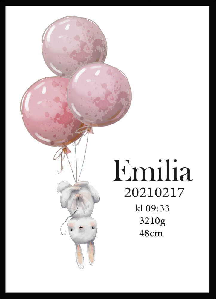 Namntavla Kanin med ballonger rosa