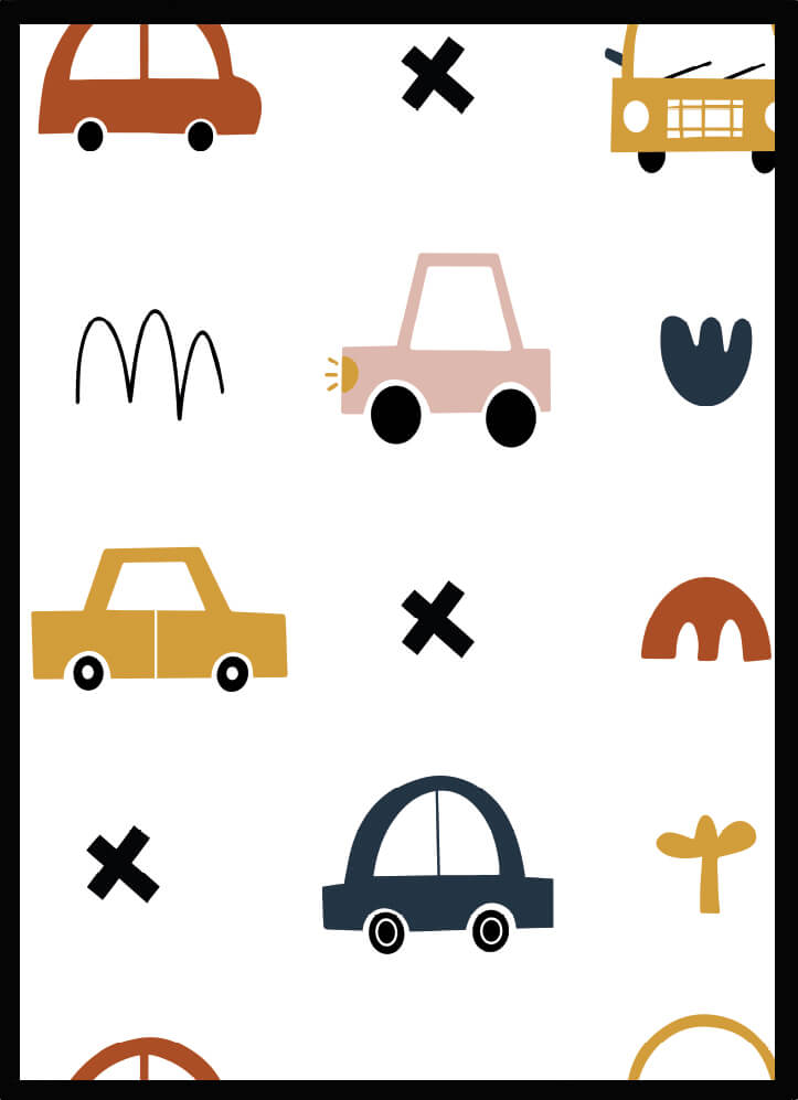 Poster Fordon 2 med lekfulla bilar och färgglada mönster, perfekt för barnrummet.
