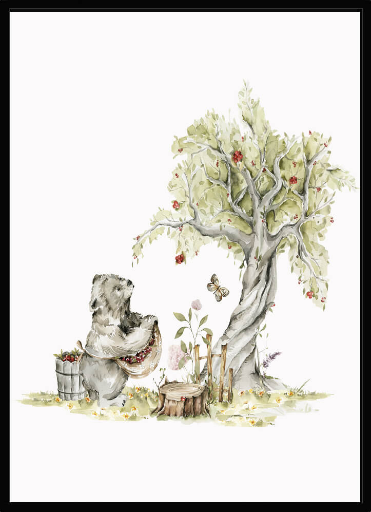 Poster Björn & Träd: Vacker vattenfärgsillustration av en björn under ett träd, perfekt för barnrummet.