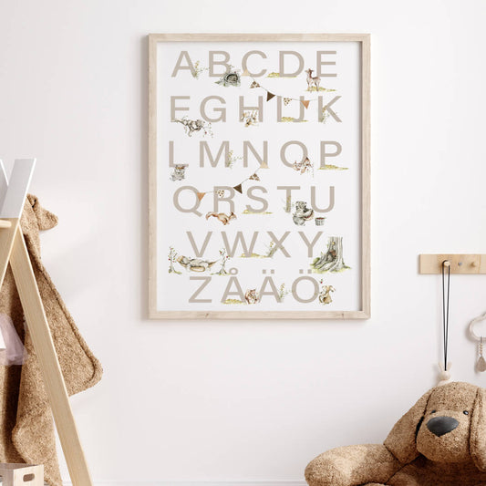 Poster Alfabet med djur beige - Dekortorget