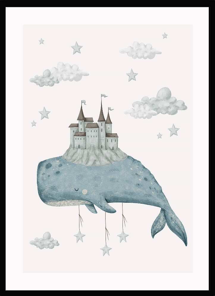 Poster med fantasifull val som bär ett slott – lekfull väggdekor för barnrum