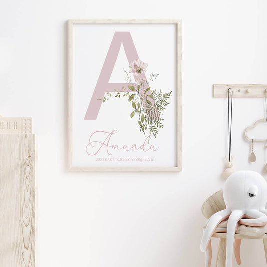 Namntavla Bokstav med blommor rosa - Dekortorget