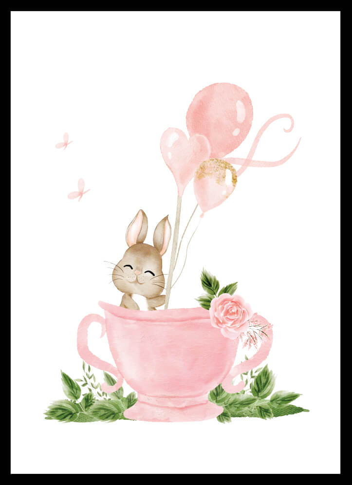 Poster kanin i kopp med en söt kanin i en rosa kopp med ballonger och blommor, perfekt för barns rum.