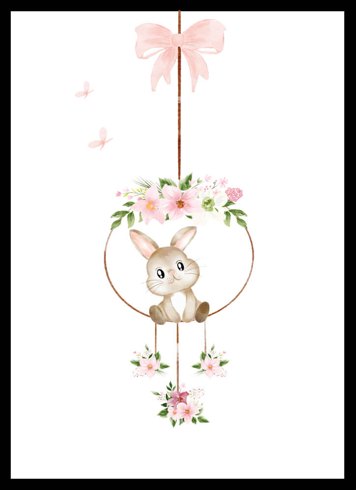 Poster kanin i ring med söt kanin i cirkel av blommor, perfekt för barnrum och sagostunder.