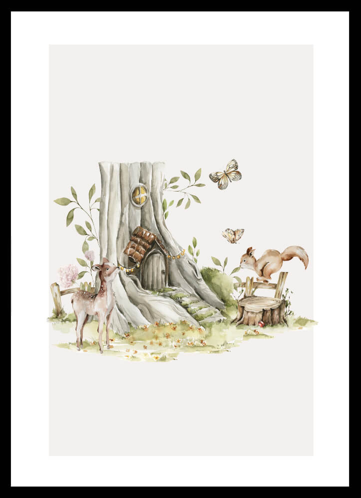 Poster Träd med rådjur & räv med en trädstump, rådjur, räv och fjärilar.