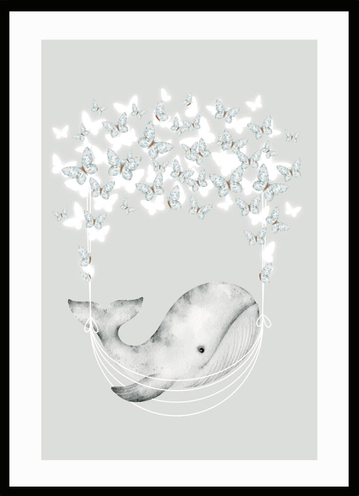 Poster Val & fjärilar - färgglad illustration av en val med fjärilar, perfekt för barnrum.
