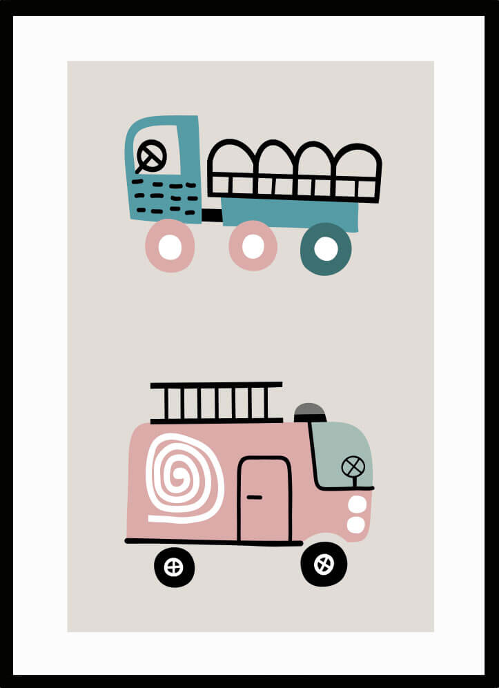 Poster med två bilar rosa med stilrena illustrationer av en lastbil och en brandbil i lugnande rosa och turkost.