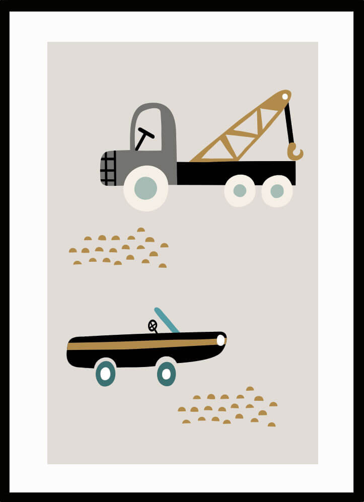 Poster med två bilar senapsgul, charmig illustration av en bil och en kran i stilren design.
