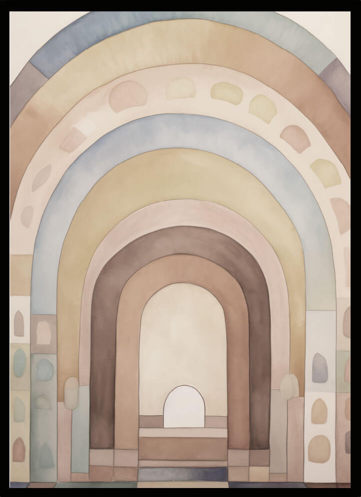 Poster regnbåge dörr med mjuka färger och orientalisk design för barnrum.