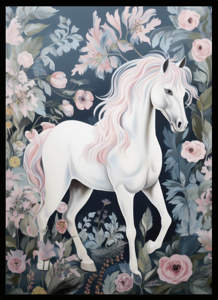 Poster häst vit – vacker illustration av en vit häst bland blommor för barnrummet.