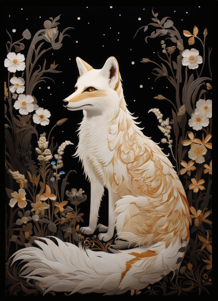 Poster räv 1: En vacker illustration av en räv bland blommor under natthimlen, som skapar en mysig atmosfär.