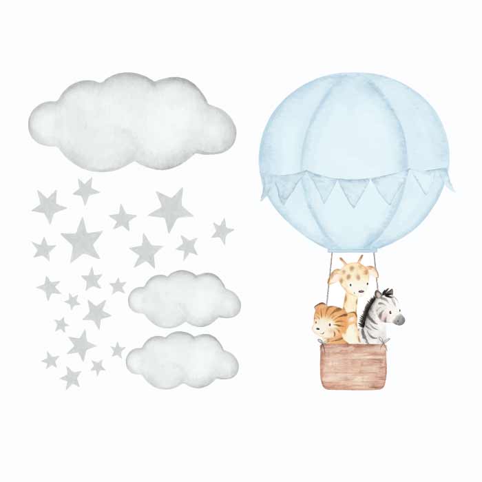 Väggdekor Luftballong & djur blå - Dekortorget