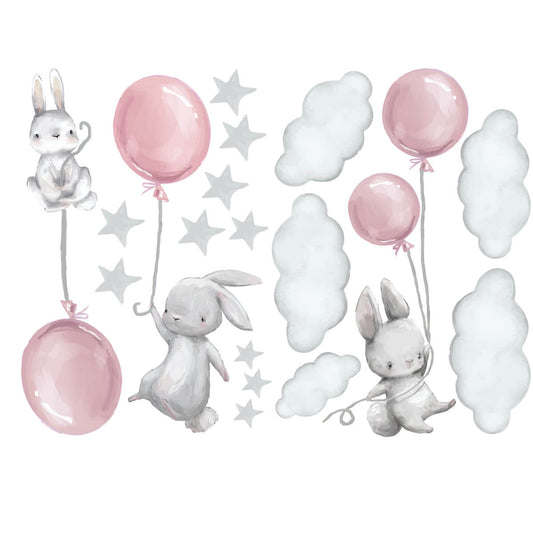Väggdekor Kaniner & ballonger rosa - Dekortorget