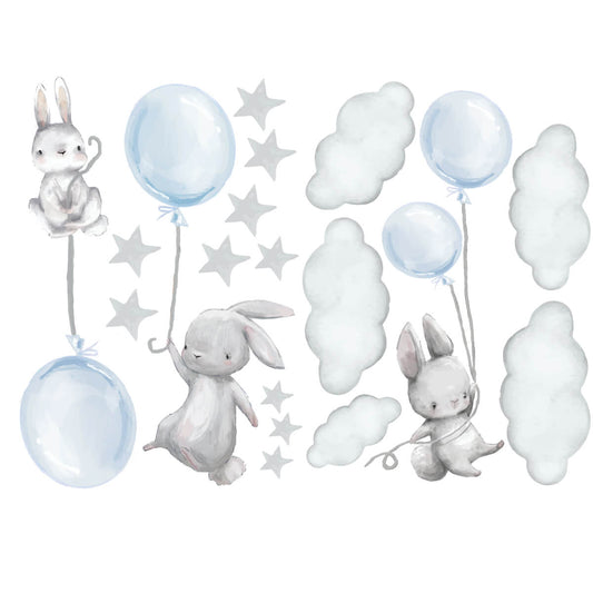 Väggdekor Kaniner & ballonger blå - Dekortorget