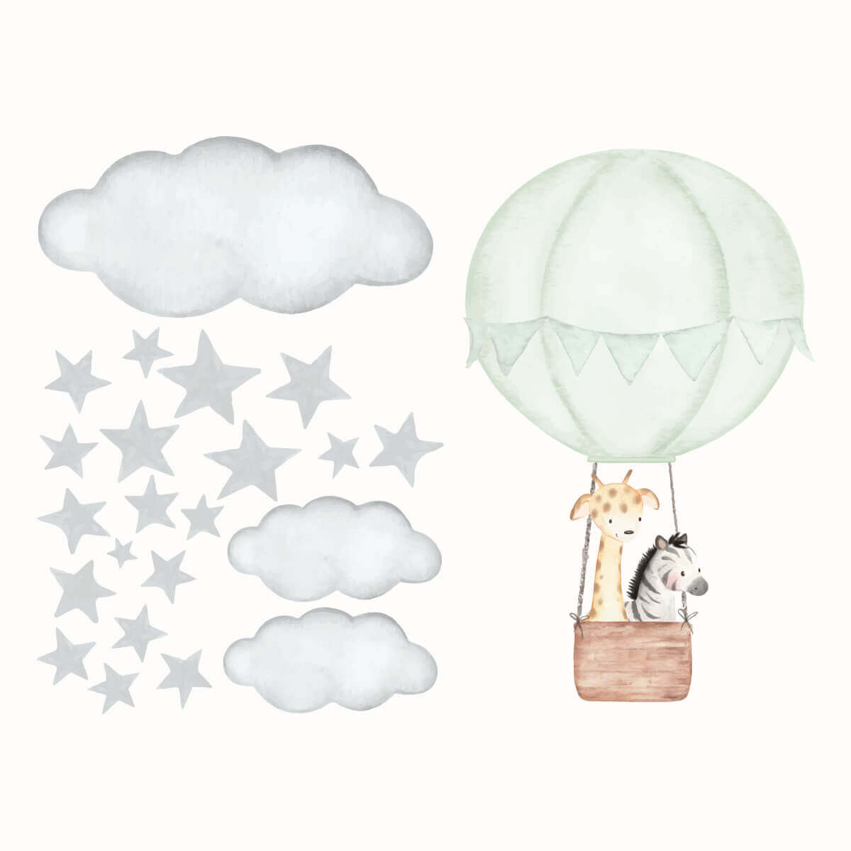 Väggdekor Luftballong & djur grön - Dekortorget