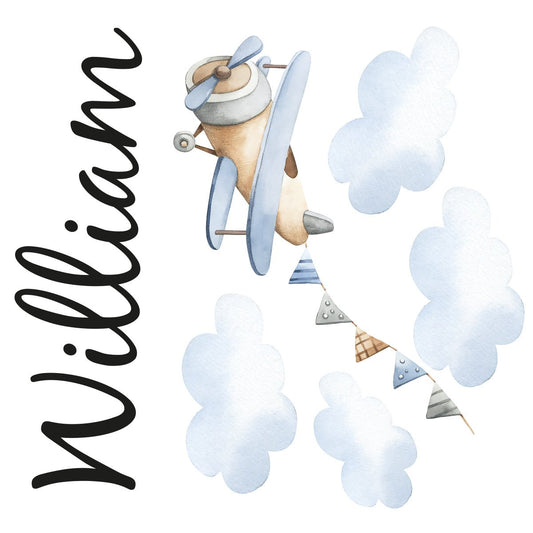 Väggord flyplan & moln - egen text - Dekortorget