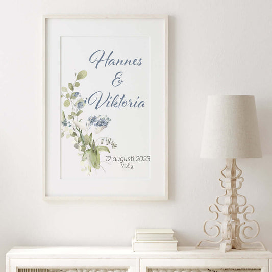 Bröllopstavla Blommor blå - Dekortorget