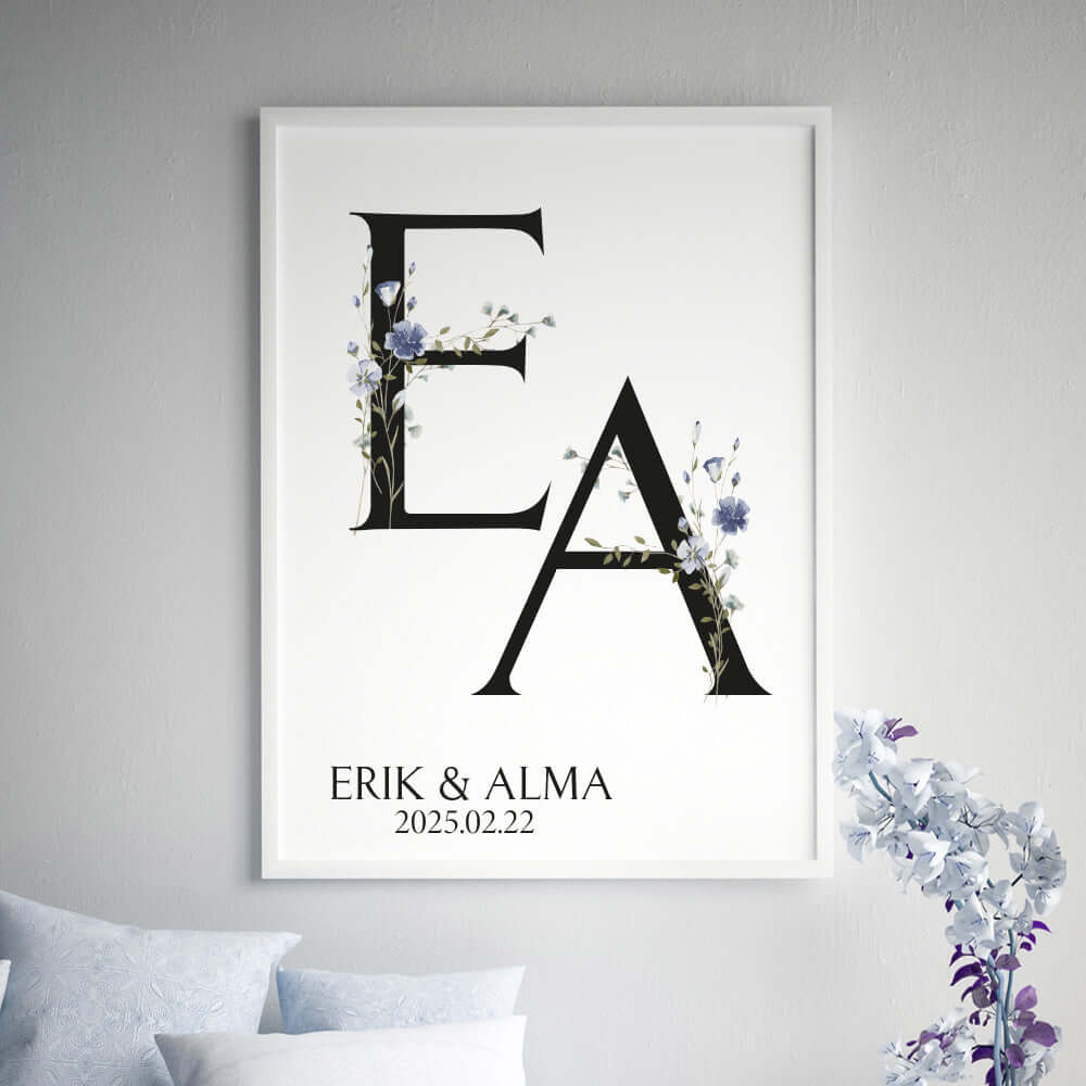 Bröllopstavla monogram blå - Dekortorget