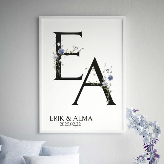 Bröllopstavla monogram blå - Dekortorget