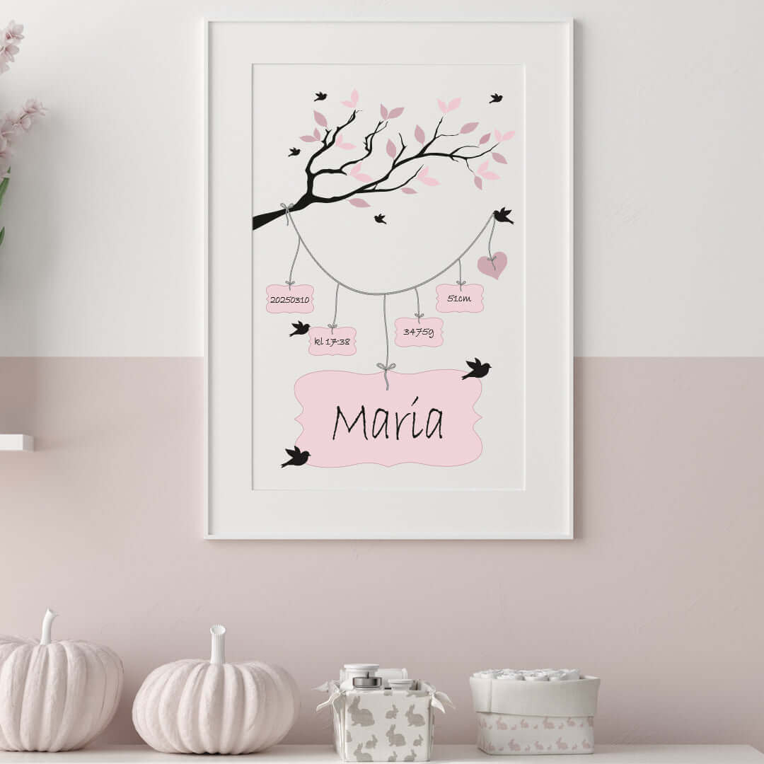 Namntavla Gren & fåglar rosa - Dekortorget