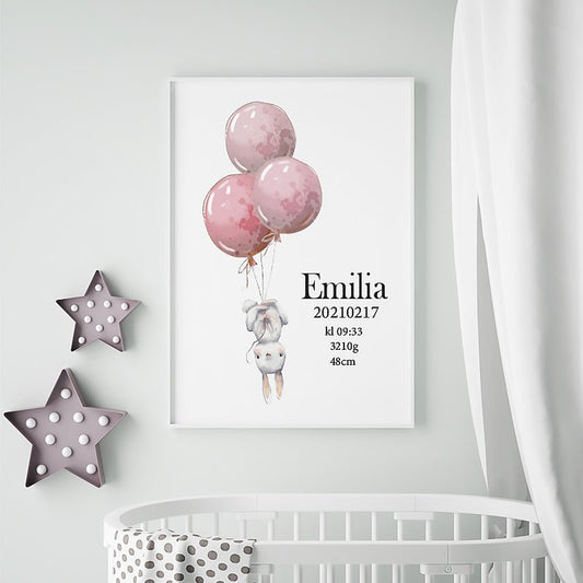 Namntavla Kanin med ballonger rosa - Dekortorget