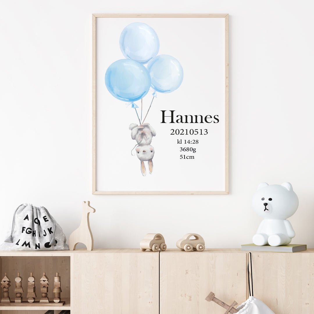 Namntavla Kanin med ballonger blå - Dekortorget