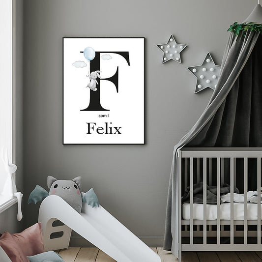 Namntavla Bokstav med kanin blå - Dekortorget