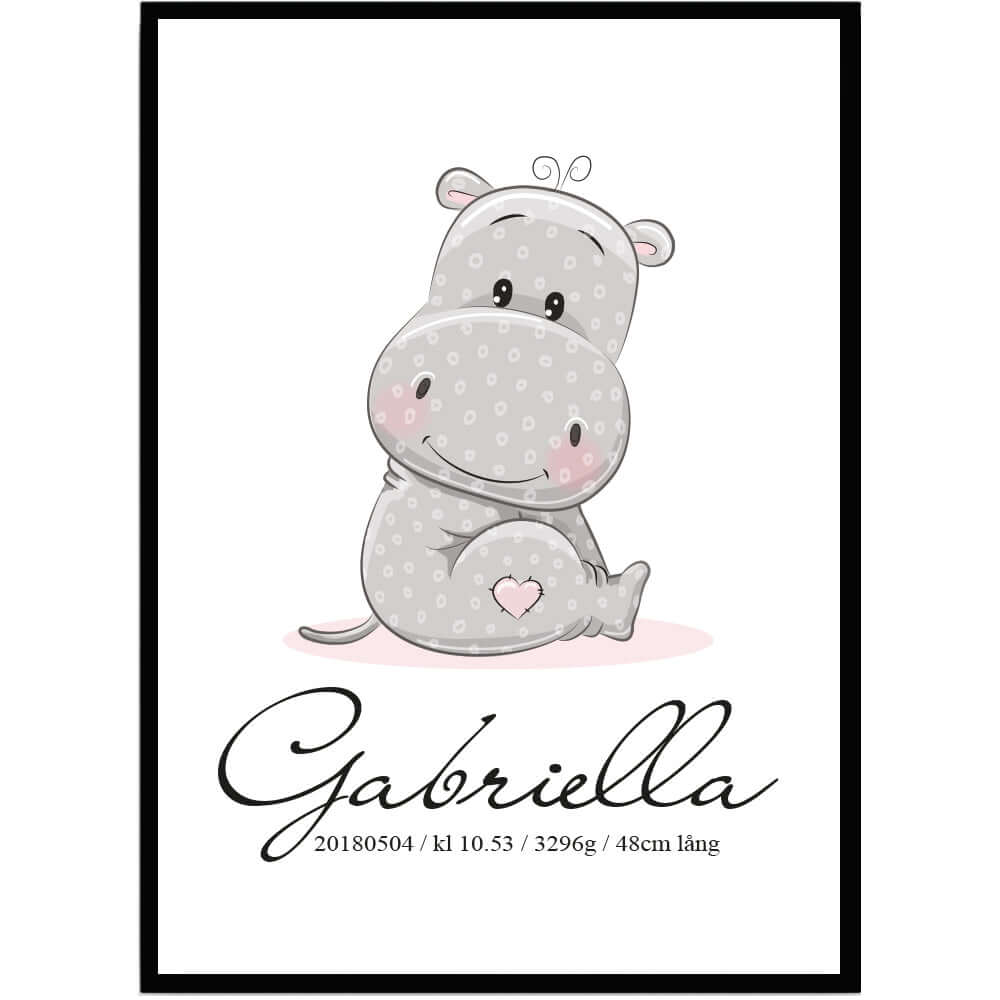 Namntavla Baby flodhäst rosa