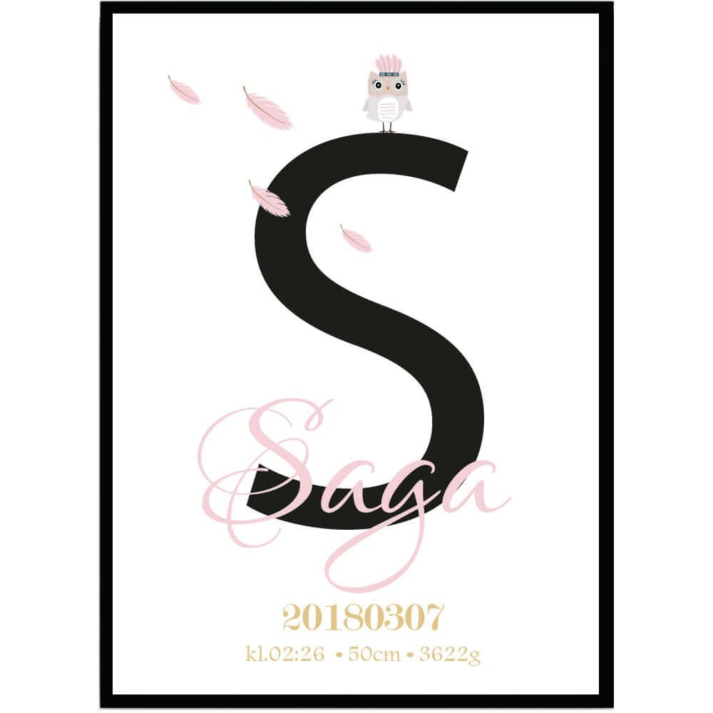 Namntavla Uggla rosa med bokstav - Dekortorget