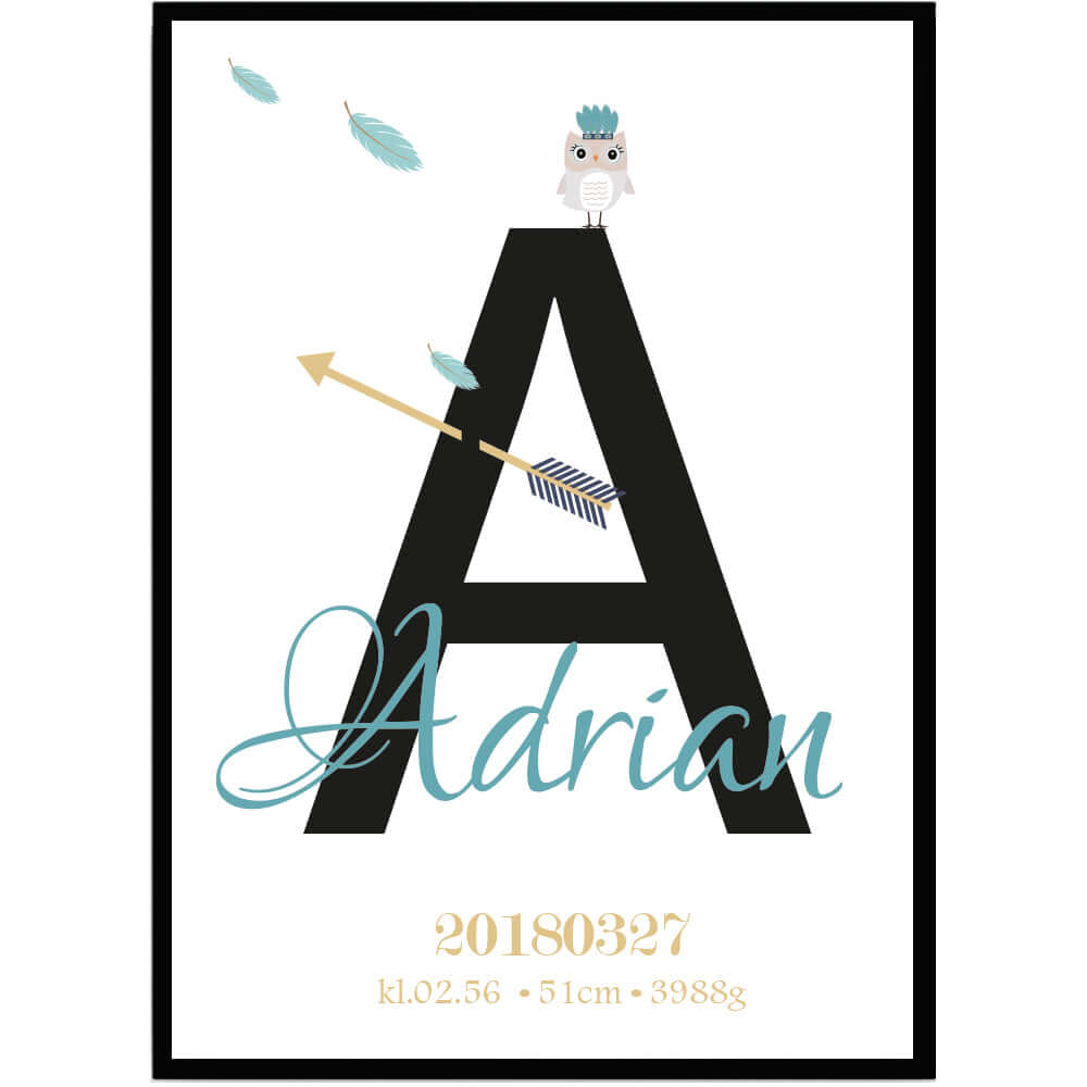 Namntavla Uggla turkos med bokstav - Dekortorget