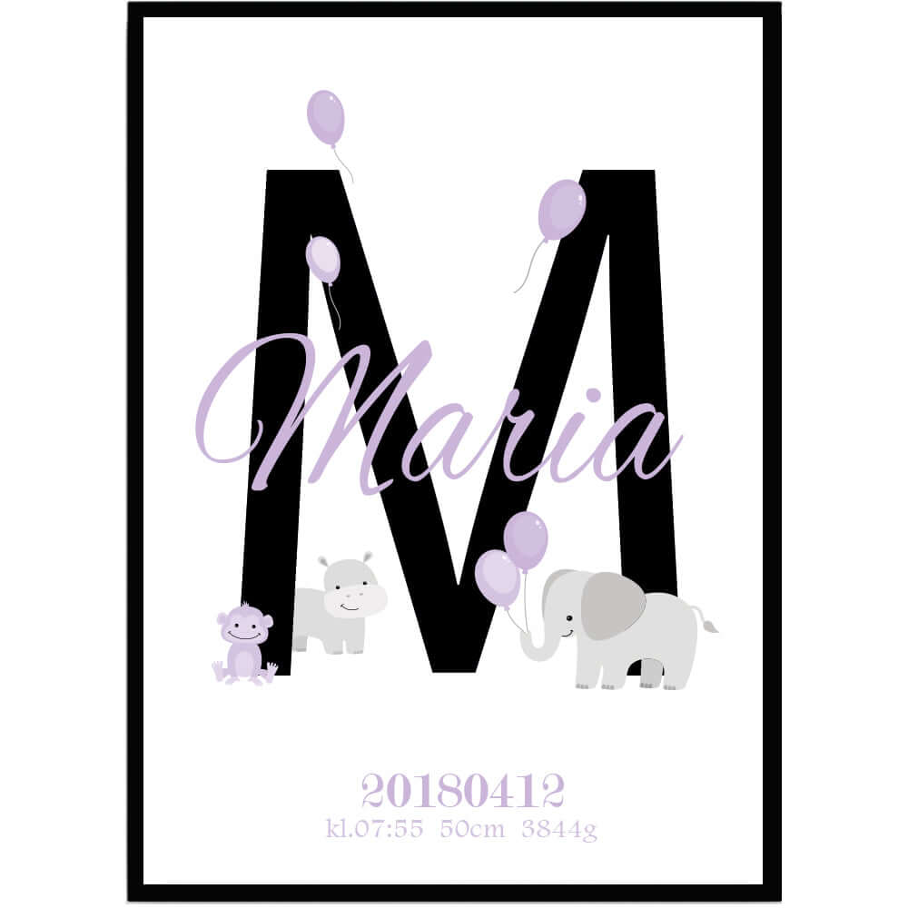 Namntavla Djur lila med bokstav - Dekortorget