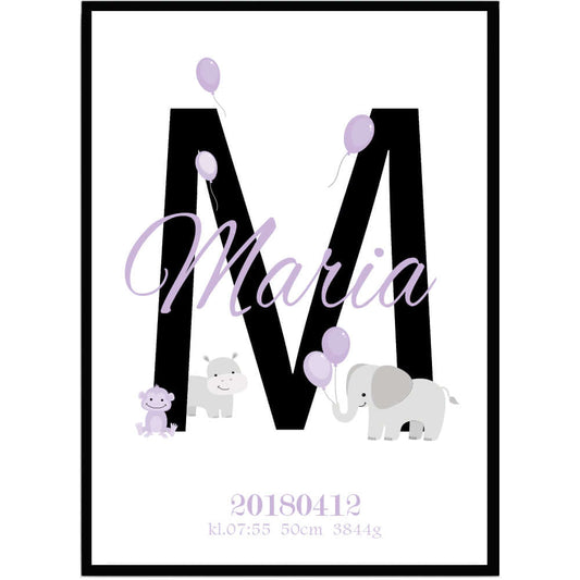 Namntavla Djur lila med bokstav - Dekortorget