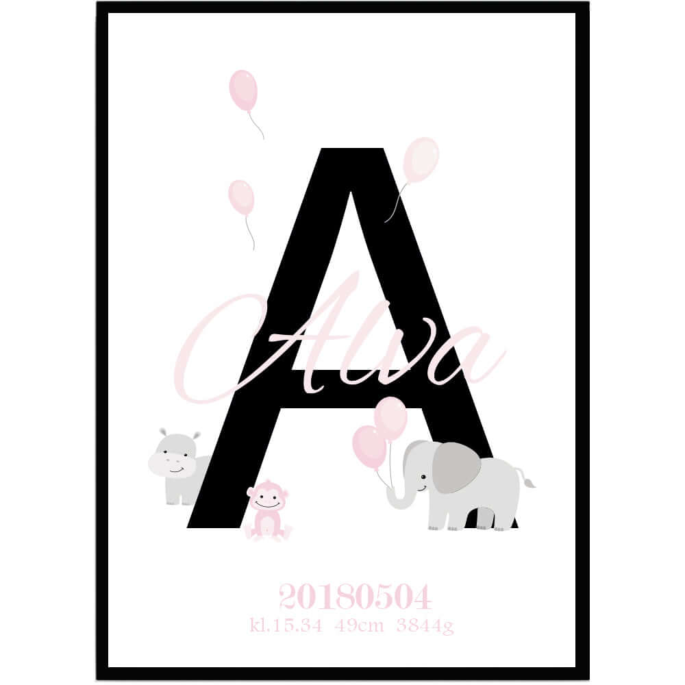 Namntavla Djur ljusrosa med bokstav - Dekortorget