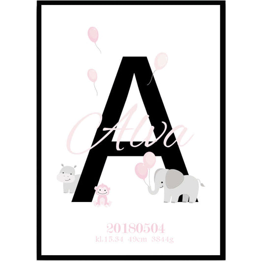 Namntavla Djur ljusrosa med bokstav - Dekortorget
