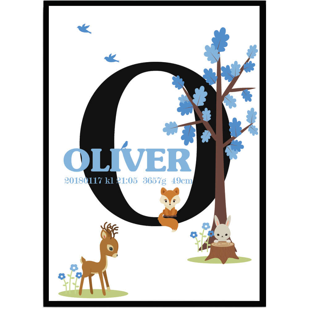 Namntavla Skogens djur blå med bokstav - Dekortorget