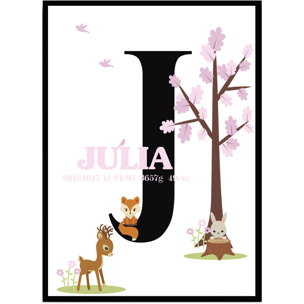 Namntavla Skogens djur rosa med bokstav - Dekortorget