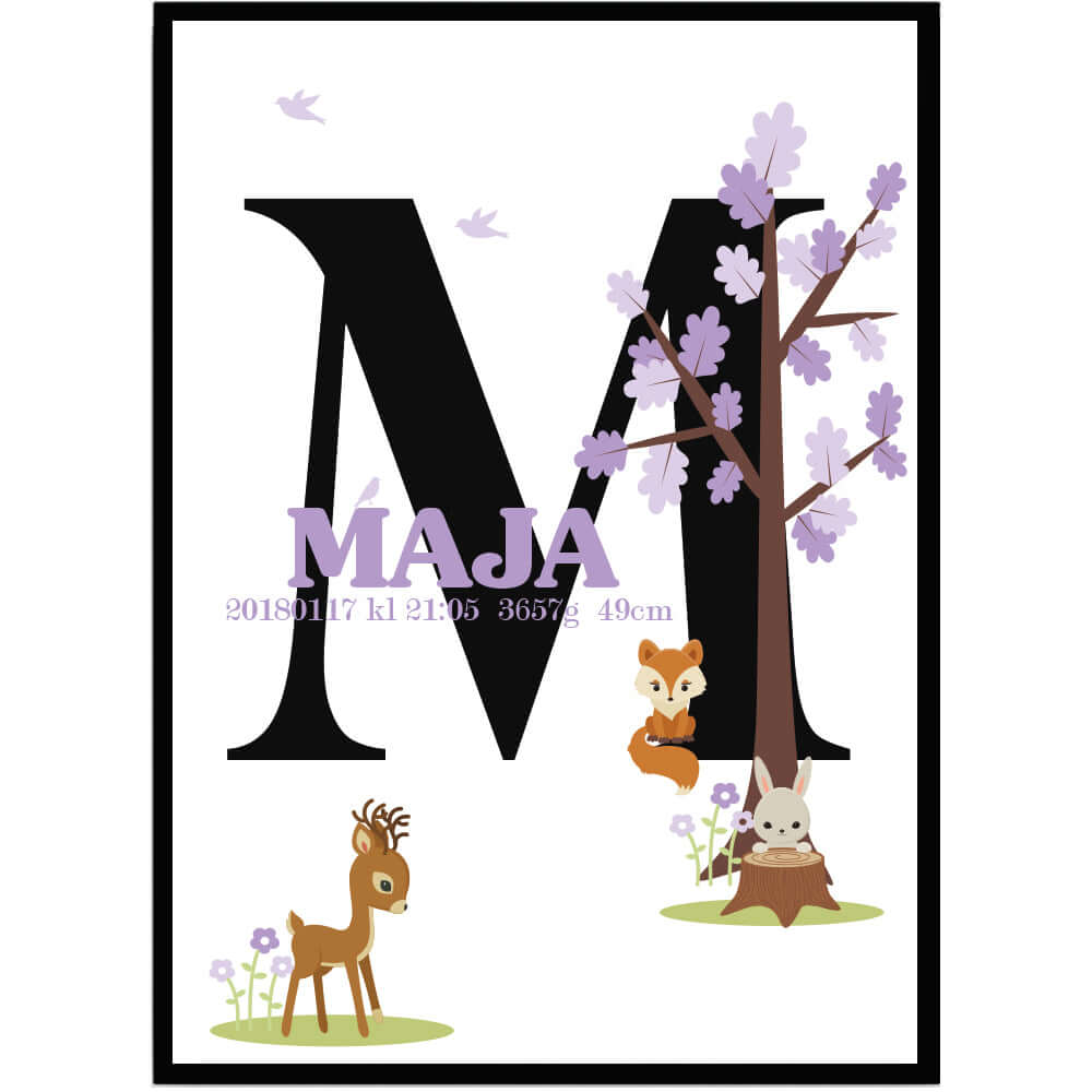 Namntavla Skogens djur lila med bokstav - Dekortorget