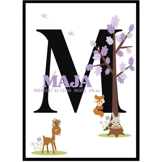 Namntavla Skogens djur lila med bokstav - Dekortorget